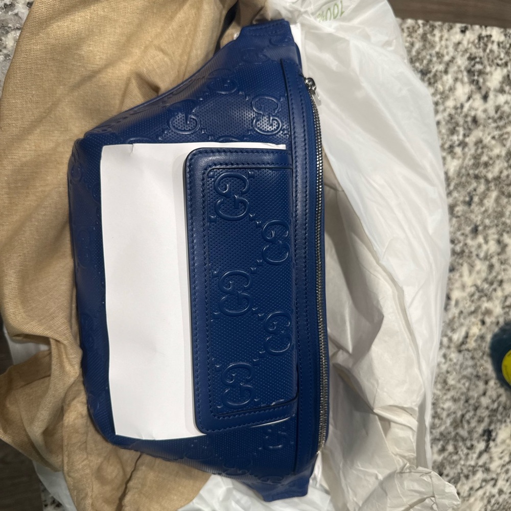 Blue Gucci Embossed Leather unisex belt Bag